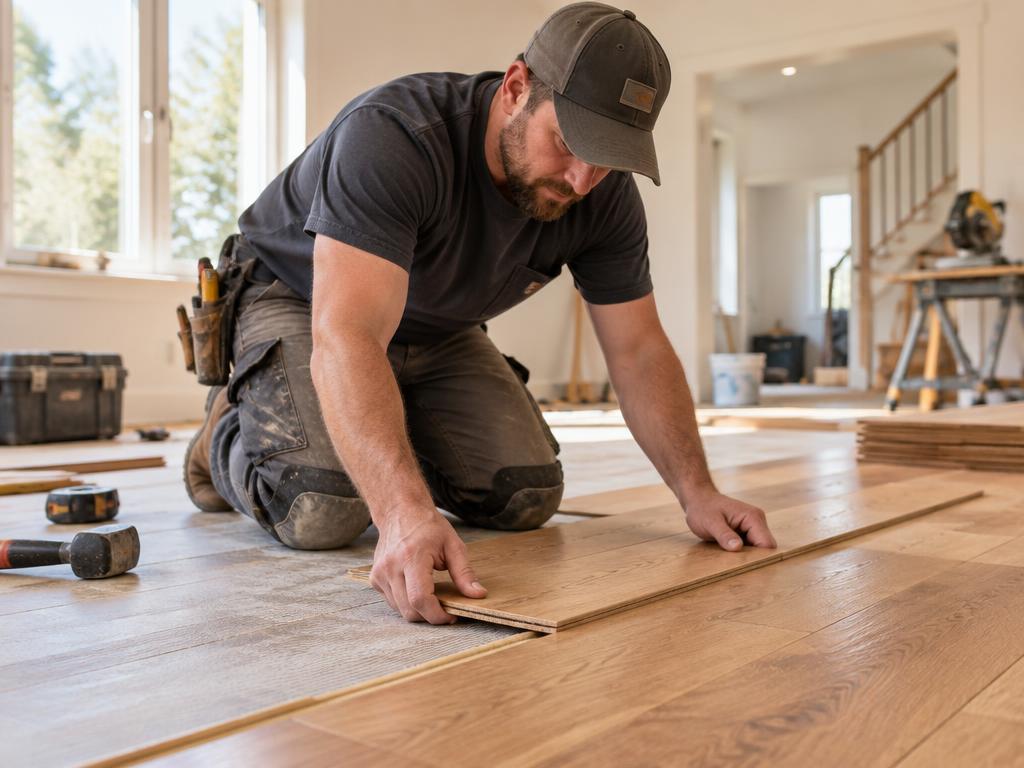 Flooring installer carefully placing a hardwood plank